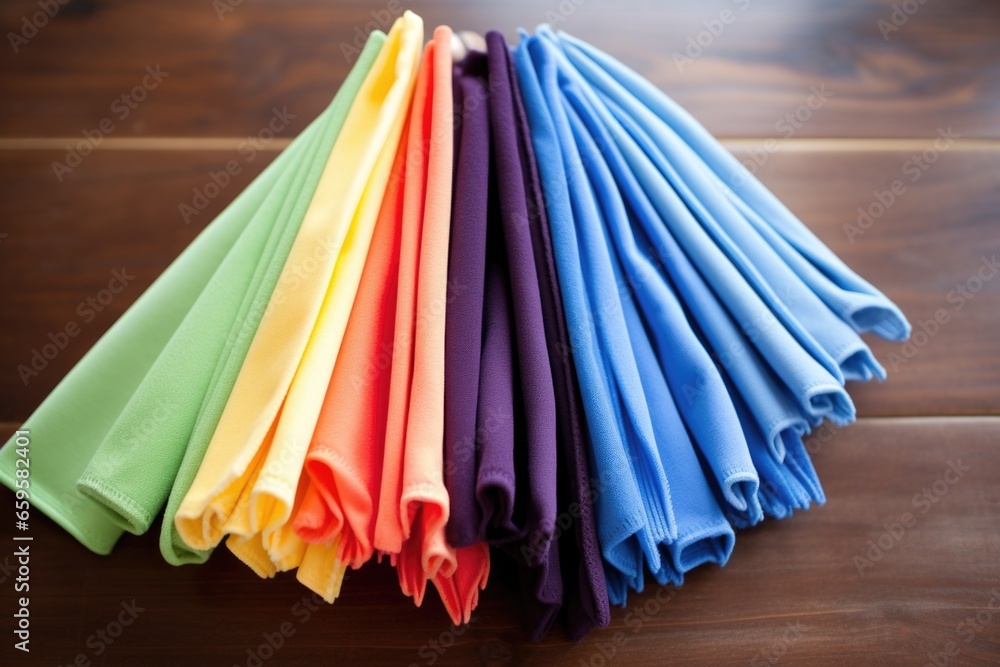 microfiber cloths in various colors held by clothes pegs