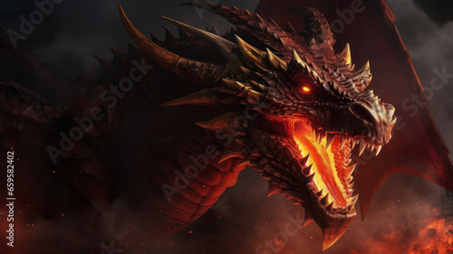 A head of huge fire black winged dragon on dark dreamatic background with flames