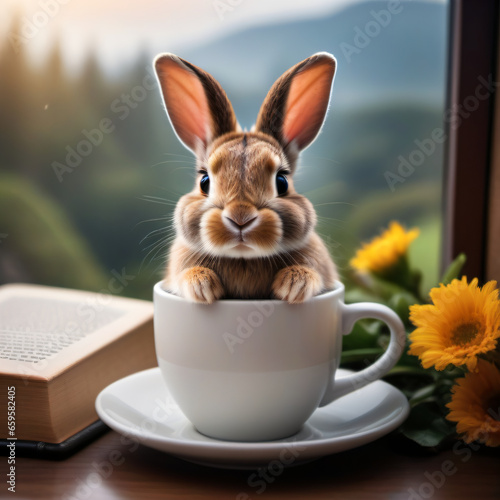 A rabbit sits in a coffee mug by the window