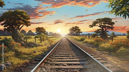 Spring sunset on railway tracks, Railroad track leading through grass field and forest at sunset with blue and orange sky