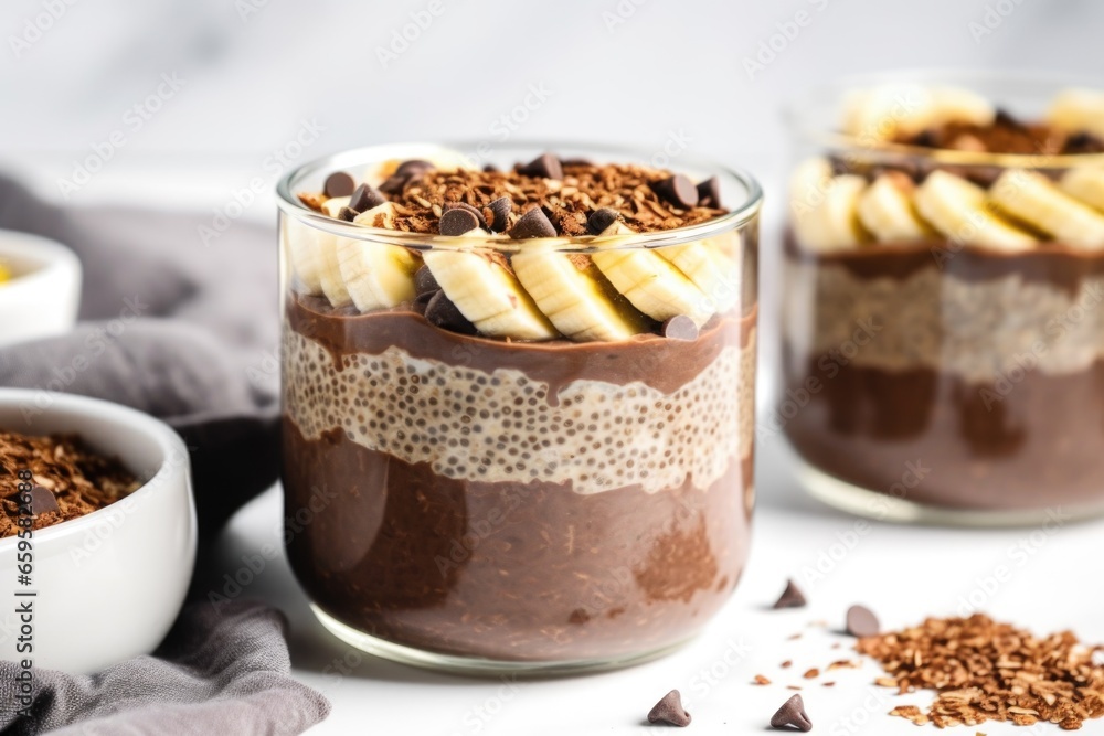 chocolate chia pudding with sliced bananas on top chocolate chia pudding with sliced bananas on top