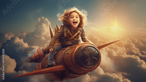 A Girl, excited, flying the rocket above clouds in the sky. Generative AI image weber.