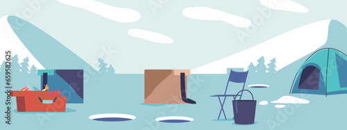 Serene Winter Fishing Landscape. Frozen Lake Glistening Under A Crisp, Blue Sky. Snow-dusted Shore, Ice-fishing Tent