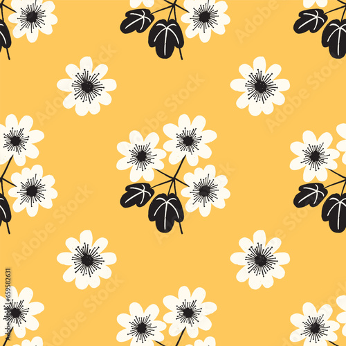 Seamless vector pattern with bold black and white rue anemone wildflowers on a yellow background. Modern botanical illustration perfect for paper goods, gift wrap, fabric, tea towels, scrapbooking.