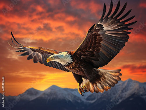 A breathtaking eagle gracefully navigating through the vibrant hues of a stunning, fiery sunset sky.