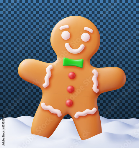 3D Holiday Gingerbread Man Cookie in Snow. Render Cookie in Winter Landscape. Happy New Year Decoration. Merry Christmas Holiday. New Year and Xmas Celebration. Realistic Vector illustration