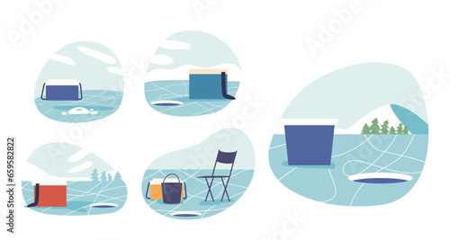 Set of Winter Fishing Landscapes. Frozen Lake Glistening Under A Crisp, Blue Sky. Snow-dusted Shore, Ice-fishing Boxes