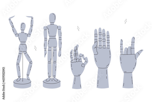 Wooden articulated figurine of a mannequin and hands in various poses for learning to draw in a cartoon style. Fingers show various gestures. Trendy modern vector illustration, hand drawn, flat design