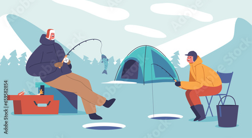 Father And Son Characters Bonding On A Serene Winter Fishing Trip. People Enjoying Frozen Lake, Cozy Moments