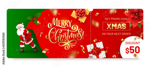 Christmas voucher with coupon, isolated vector Xmas ticket template, sale, discount gift card or certificate with cartoon Santa Claus pull huge bag with presents. Holiday promo cheque with promo code