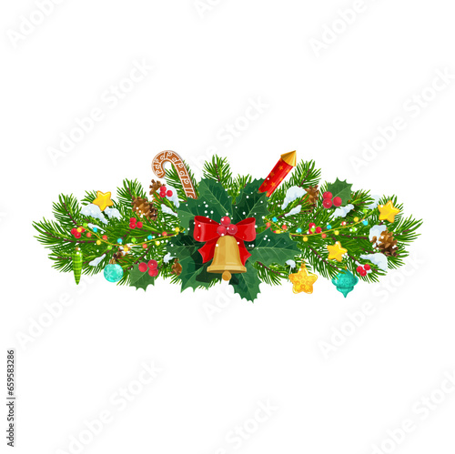 Christmas fir spruce branch. Merry Xmas festive, Christmas holiday or winter celebration vector border. Happy New Year fir decoration with bell, gingerbread cookie and poinsettia flower, fireworks
