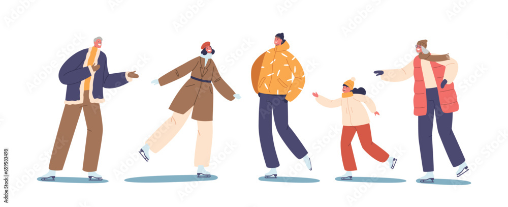 Isolated Characters Gracefully Move On Ice, Skating With Joy And Skill. Laughter Fills The Air As Skaters Twirl, Glide Isolated Characters Gracefully Move On Ice, Skating With Joy And Skill. Laughter Fills The Air As Skaters Twirl, Glide