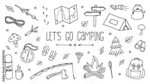 Lets Go Camping Set. Backpacking drawing, vector doodle illustration. Hiking icons. Black objects on white background