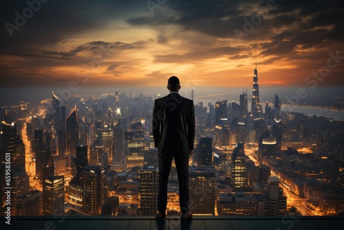 A confident business man is standing on an upper floor of a high-rise building. He is looking at the modern city with skyscrapers in front of him.