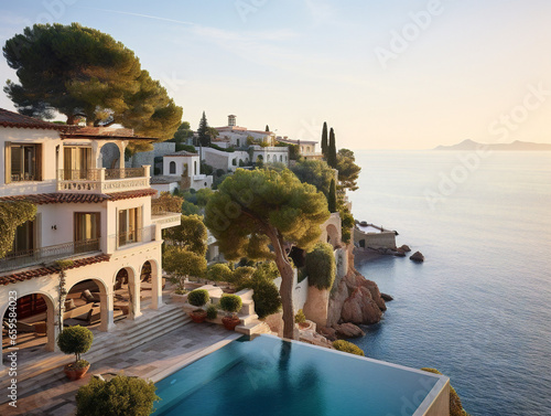 A stunning Mediterranean villa perched on a cliff, offering breathtaking views of the azure sea.