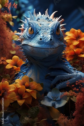Fascinating Happy Blue Lizard surrounded by Colorful Flowers with a Dark background.