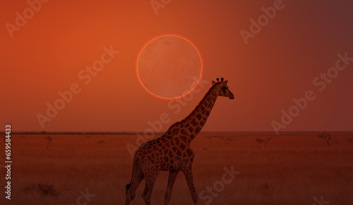 Photography Amazing ring Solar eclipse over giraffe - Namibia, Africa