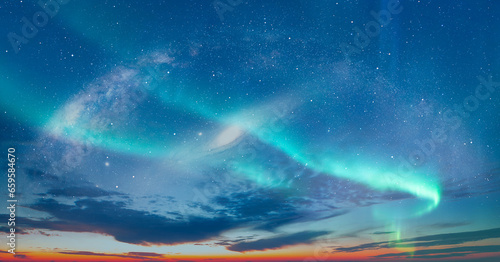 Fototapeta Naklejka Na Ścianę i Meble -  Our galaxy is Milky way spiral galaxy with aurora borealis Andromeda galaxy in the background 