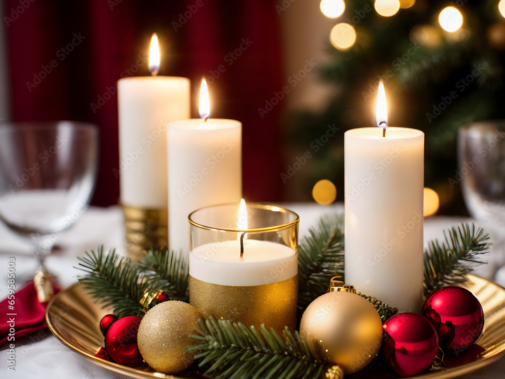 decorative Christmas plate close-up with pine cones and candles decorative Christmas plate close-up with pine cones and candles