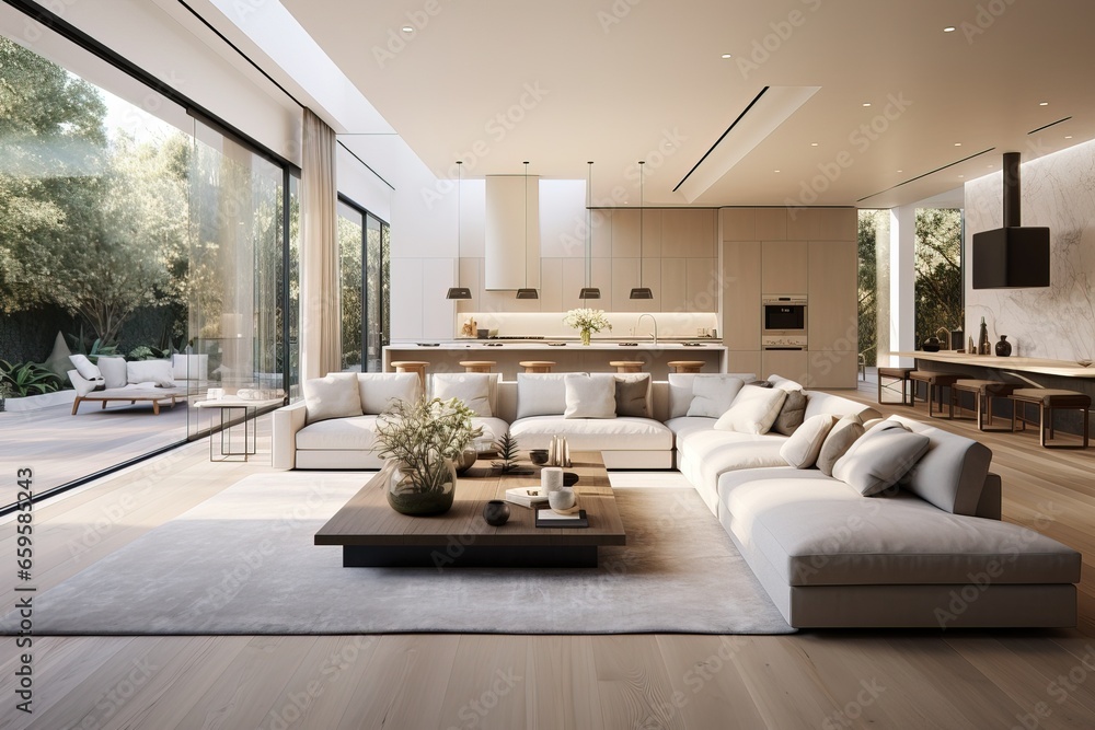 Luxurious Interior Design of a Modern White Living Room, some Wooden Decorations. Expensive Villa.