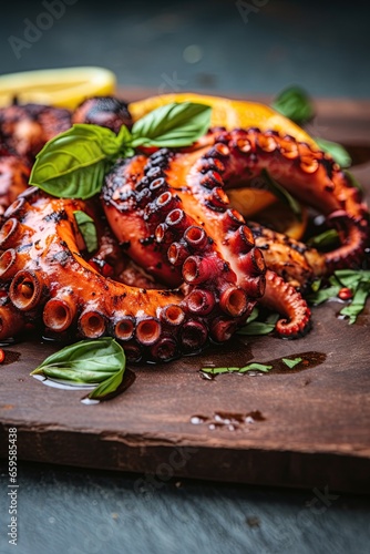 Grilled Octopus served on the wooden board. Ai generative