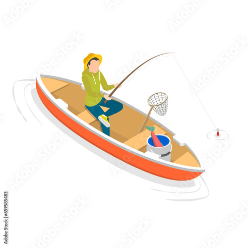 3D Isometric Flat Vector Set of Fishermen, Hobbies and Leisure Activities. Item 4