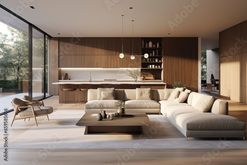 Luxurious Interior Design of a Modern White Living Room  some Wooden Decorations. Expensive Villa.