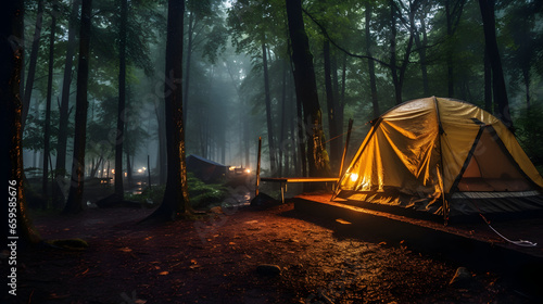 Rain on the tent in the forest
