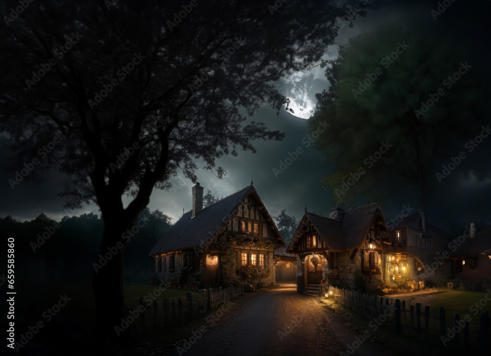 Fototapeta premium Old house and the street in the night at Halloween holiday.