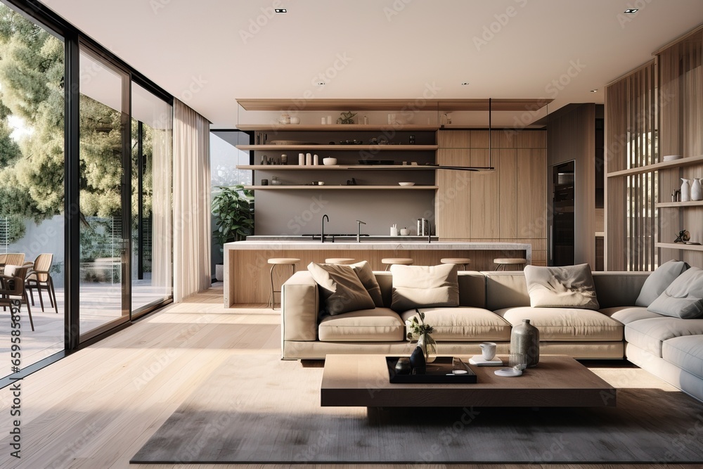 Luxurious Interior Design of a Modern White Living Room, some Wooden Decorations. Expensive Villa. Luxurious Interior Design of a Modern White Living Room, some Wooden Decorations. Expensive Villa.