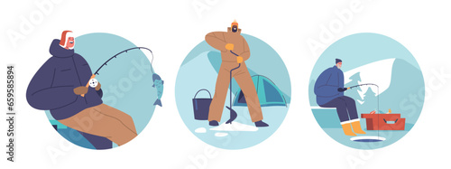 Isolated Round Icons or Avatars with Characters Enjoying Ice Fishing, Winter Angling Adventure Where Anglers Drill Holes