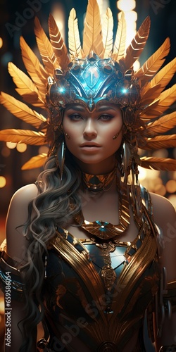 Gorgeous Goddes gazing the Camera. in Golden Splendor with an Helmet made of Golden Feathers.