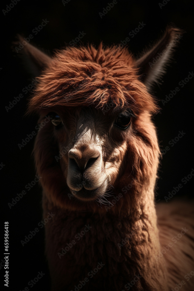 Fototapeta premium Alpaca head portrait, low light, moody and dark. Generative AI