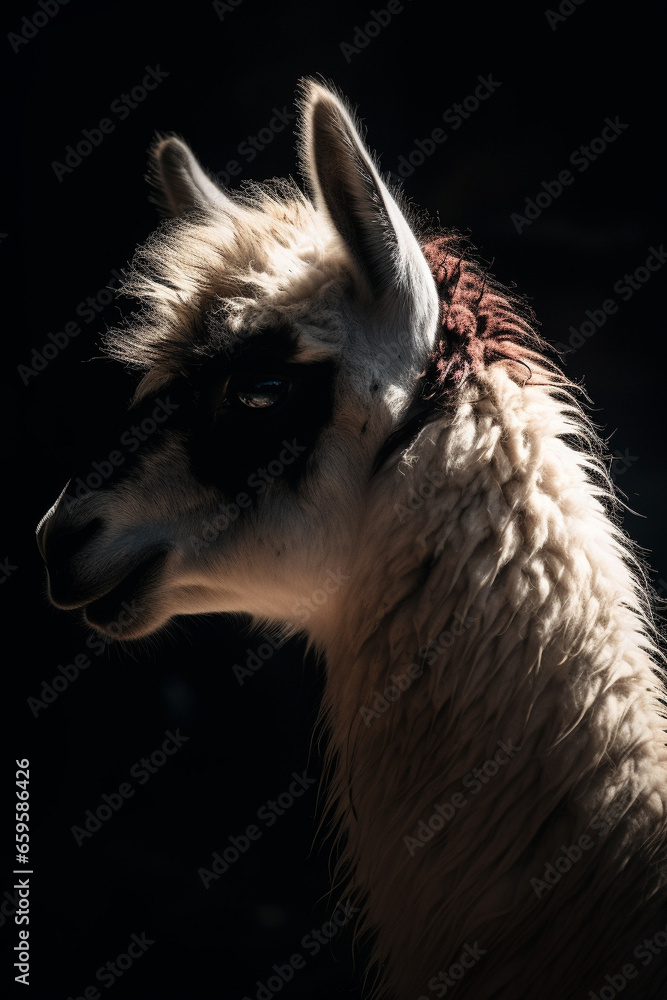 Alpaca head portrait, low light, moody and dark. Generative AI