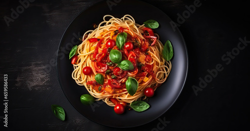 Close up shot of pasta with cherry tomatoes in black plate