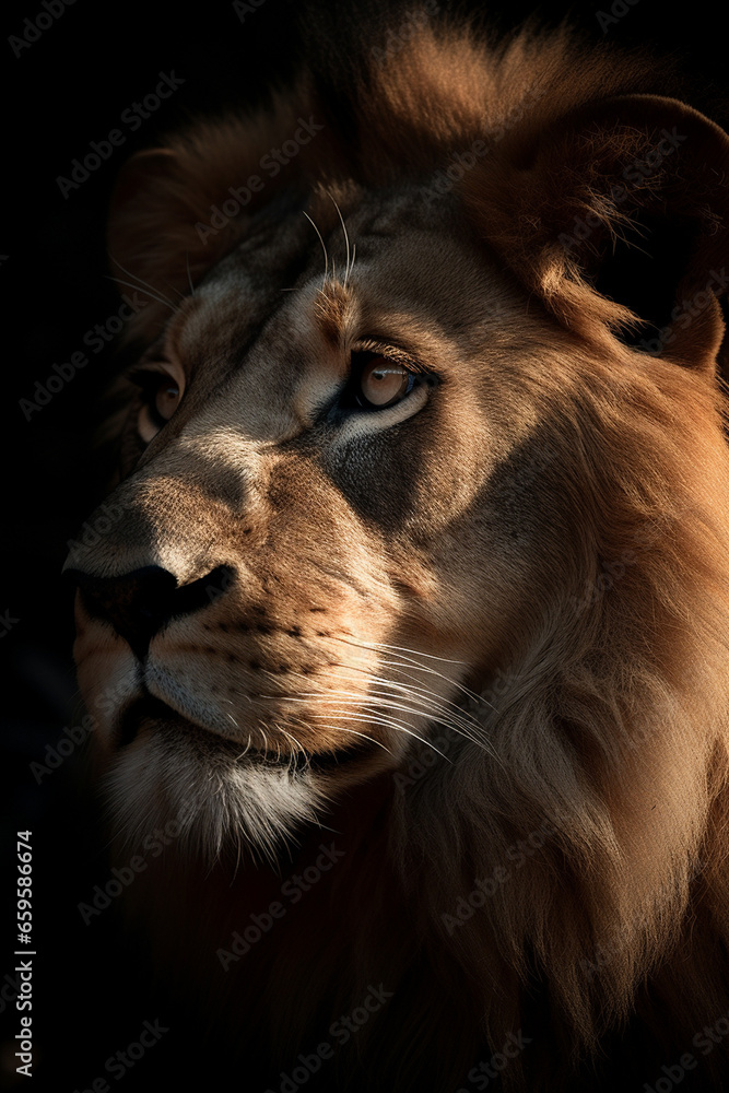 Naklejka premium Lion head portrait, low light, moody and dark. Generative AI