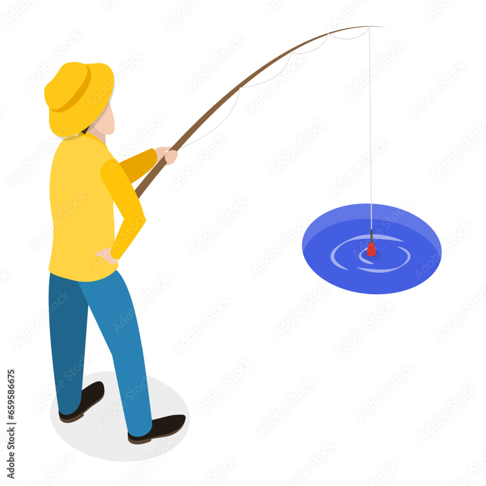 3D Isometric Flat Vector Set of Fishermen, Hobbies and Leisure Activities. Item 3