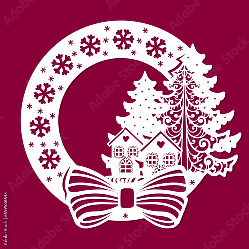 Template for laser cutting. Christmas wreath with ribbon decorations and a composition with a Christmas tree and a house. For the design of Christmas and New Year decorations, interior elements, Chris