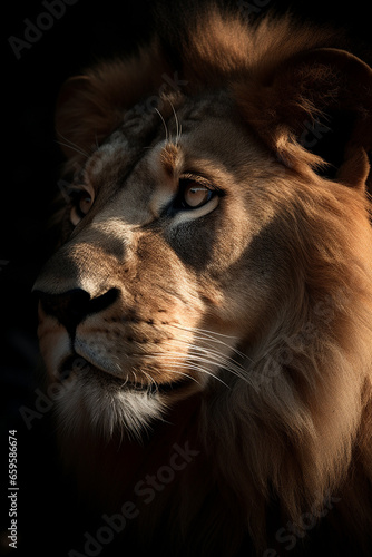 Lion head portrait, low light, moody and dark. Generative AI