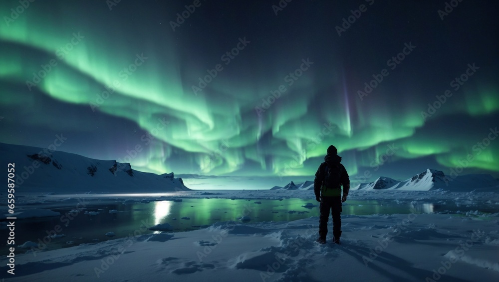 Silhouette of a Lone Man Looking at Aurora 