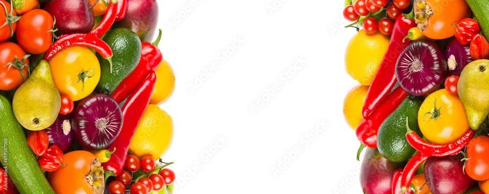 Vegetables and fruits isolated on white. Wide photo. Free space for text. Collage.