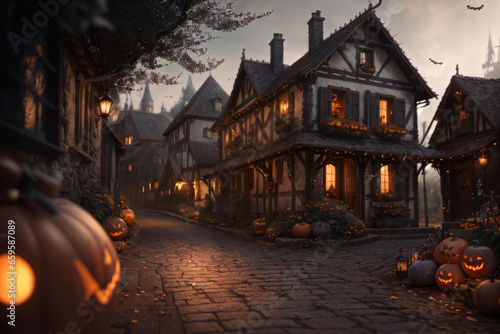 Old house and the street in the night at Halloween holiday.