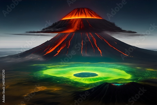 It is an active volcano with a dark night, amazing trees, and a dark sun surrounding green. photo