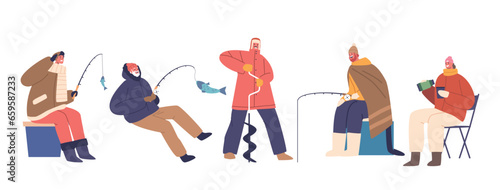 Isolated Male or Female Characters Gather On Frozen Lakes. Bundled Up, They Drill Holes, Cast Lines, Vector Illustration
