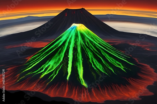 It is an active volcano with a dark night, amazing trees, and a dark sun surrounding green. photo