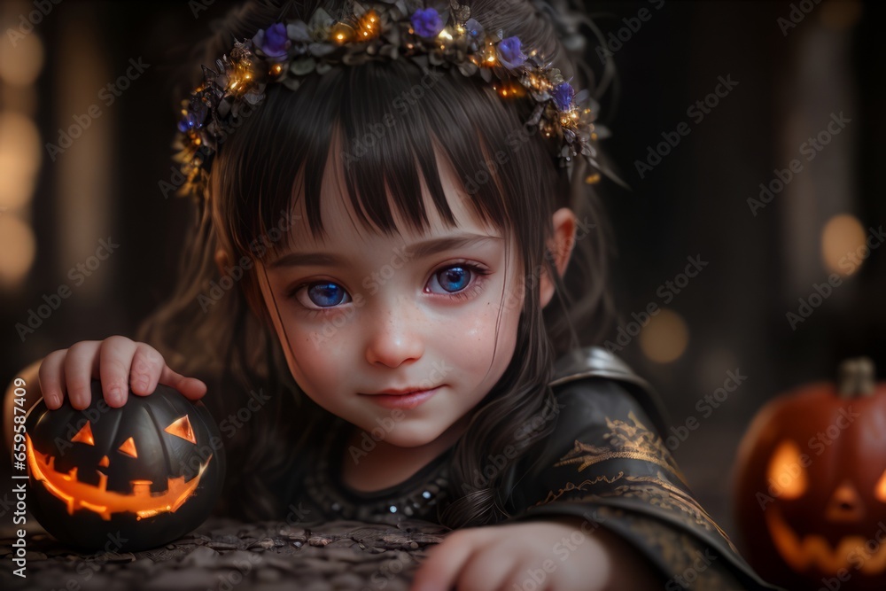 Portrait of a girl with Halloween decorations and pumpkins. Character style, AI generated. Portrait of a girl with Halloween decorations and pumpkins. Character style, AI generated.