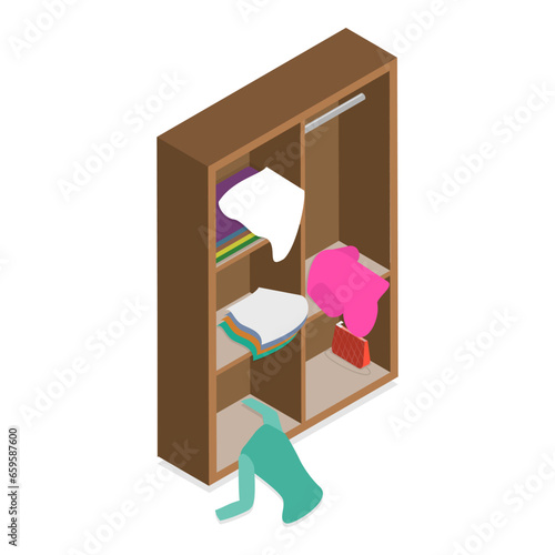 3D Isometric Flat Vector Set of Scattered and Messy Clothes, Chaos, Disorder and Storage Disorganization. Item 1