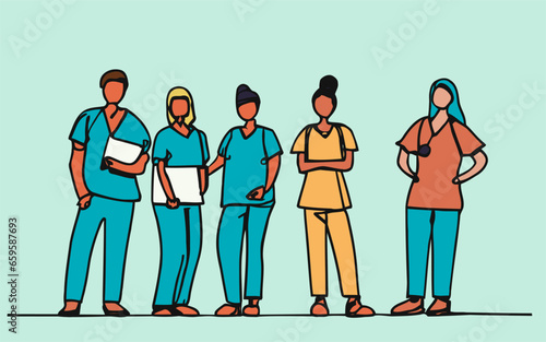 Continuous one line elegant drawing of Nurses in casual clothes Home visiting nurses. vector images