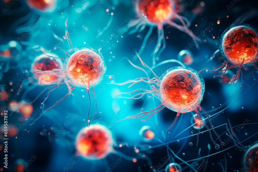3D rendering of human stem or embryonic stem cells under a microscope. Cellular therapy and regeneration of body cells. 3D rendering of human stem or embryonic stem cells under a microscope. Cellular therapy and regeneration of body cells.
