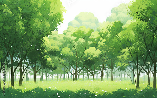 Green quiet woods illustration background,created with Generative AI tecnology.